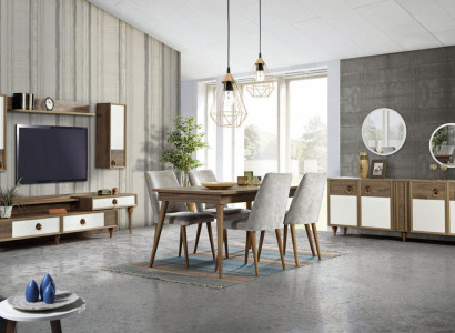 Dining room set table 4x chairs sideboard set design wood textile